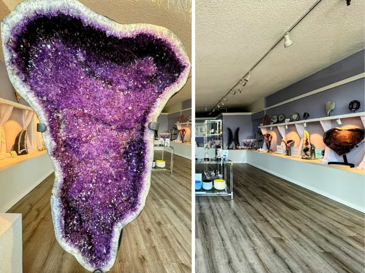 Interior of a crystal shop featuring a massive purple amethyst geode and displays of various polished stones—an unexpected and mystical stop among the 17 things to do in Napa.