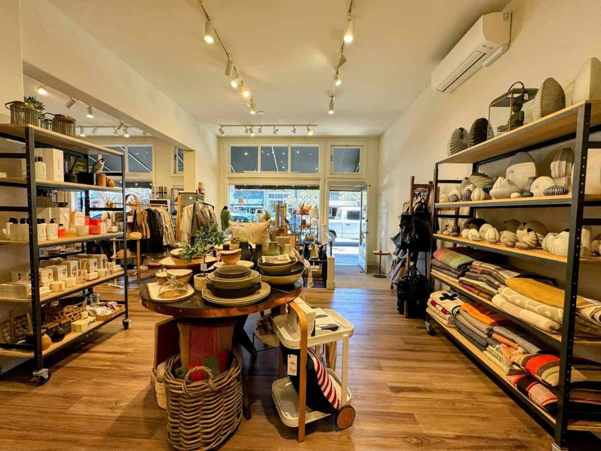 Interior of Blackbird of Calistoga boutique featuring handmade ceramics, textiles, and local goods, highlighting unique shopping as one of the things to do in Calistoga.