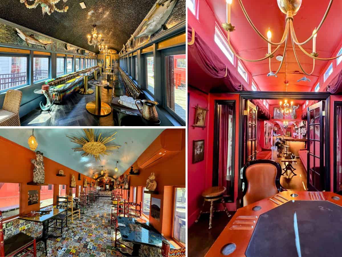 Three vibrant train cars at Calistoga Depot transformed into themed lounges and dining areas with eclectic decor, highlighting unique and historic things to do in Calistoga.