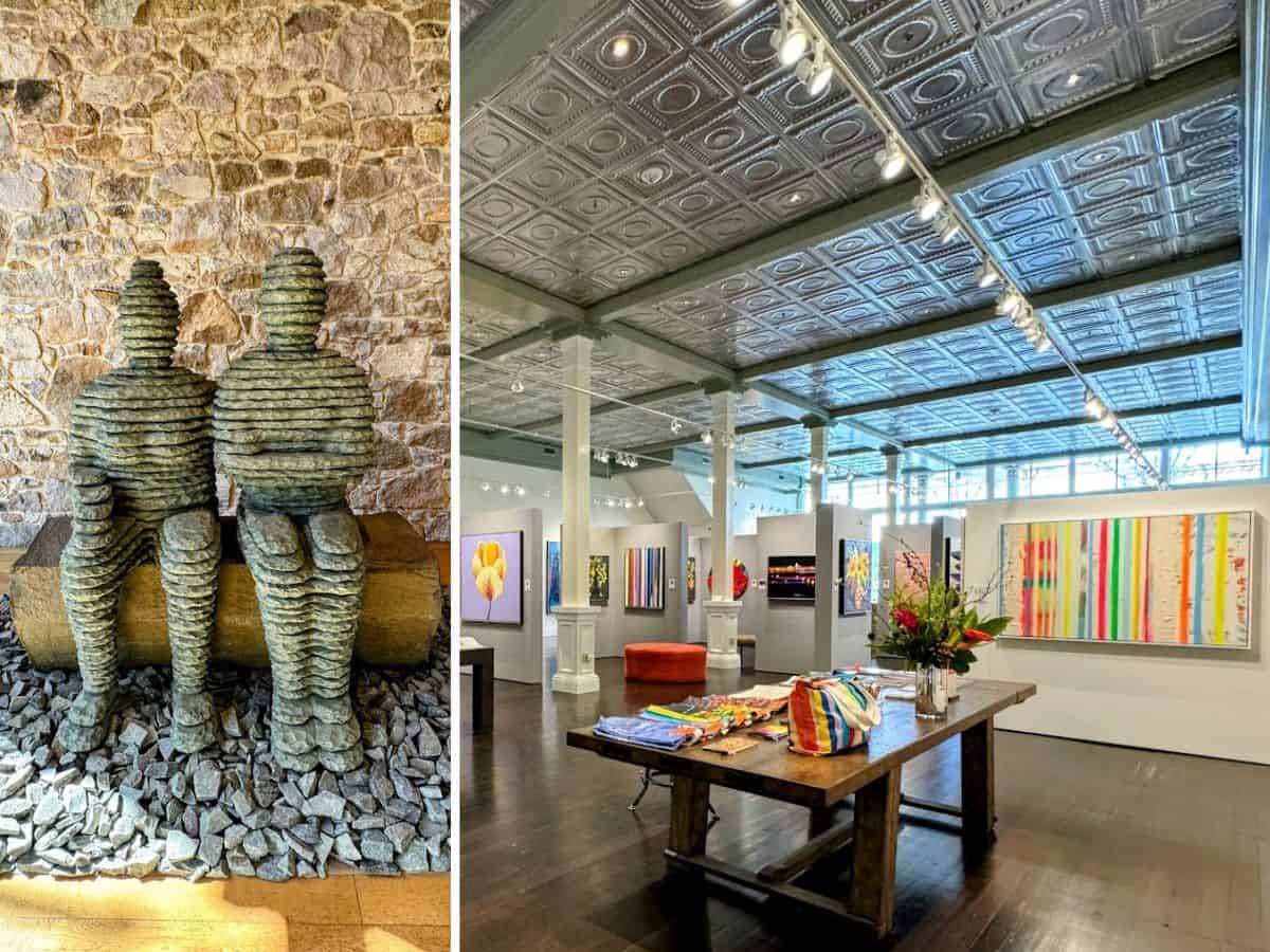 A split image showing a layered stone sculpture of two seated figures beside a modern gallery space filled with vibrant abstract artwork—offering a taste of the creative experiences to explore in downtown St. Helena