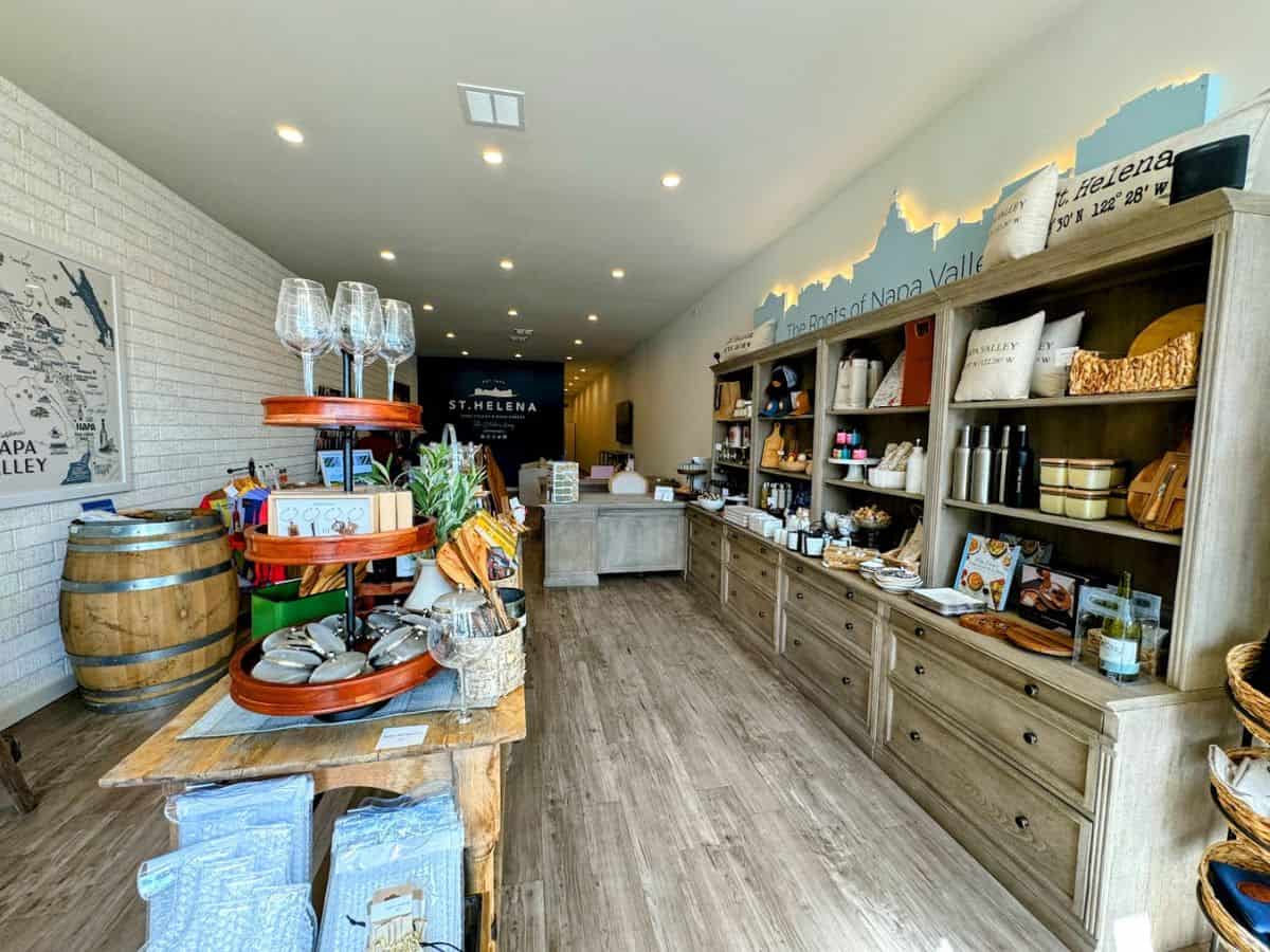 A cozy and modern visitor center in St. Helena featuring local products, wine-themed gifts, and a welcoming atmosphere—an ideal first stop for discovering things to do in St. Helena.