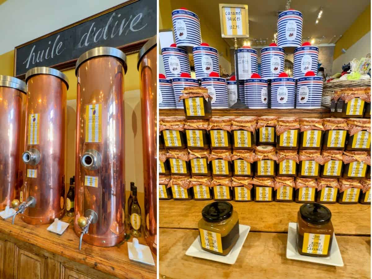 Elegant displays of caramel sauces, olive oil dispensers, and gourmet pantry goods inside Olivier Napa Valley—a charming shop perfect for culinary-inspired things to do in St. Helena.