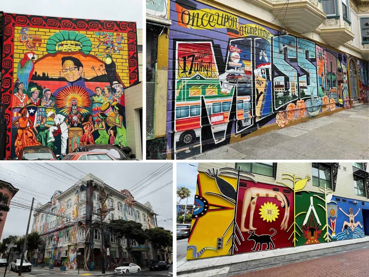 Vibrant outdoor murals showcasing diverse art styles and cultural themes in San Francisco's Mission District.