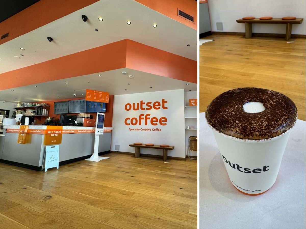 A creative donut latte with a glazed donut resting on top of a coffee cup at Outset Coffee, one of the Best Spots to eat in San Francisco.