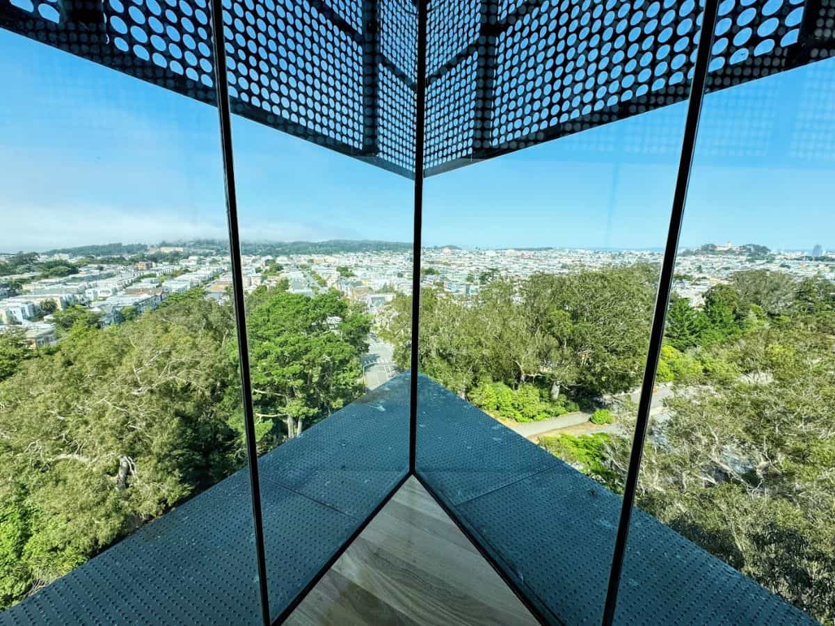 Stunning cityscape view from modern glass elevator overlooking a lush green area and urban skyline.