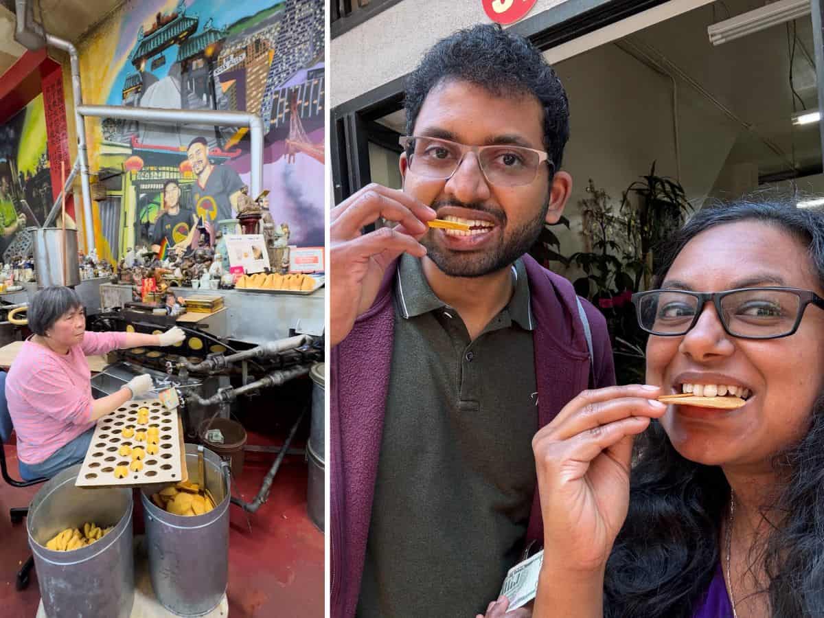 Freshly made fortune cookies being shaped by hand at Golden Gate Fortune Cookie Factory, one of the Best Spots to eat in San Francisco.