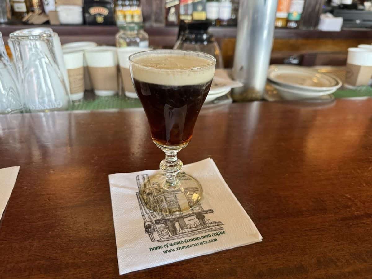 A glass of Irish Coffee served at The Buena Vista, the historic café recognized as one of the Best Spots to eat in San Francisco.