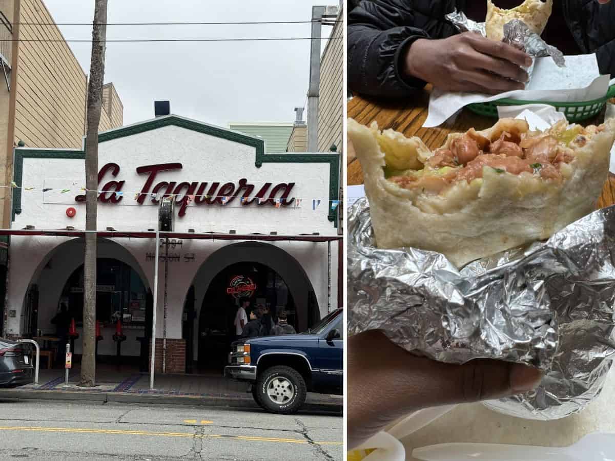 Exterior of La Taqueria and a close-up of their famous burrito in the Mission District, making it one of the Best Spots to eat in San Francisco.