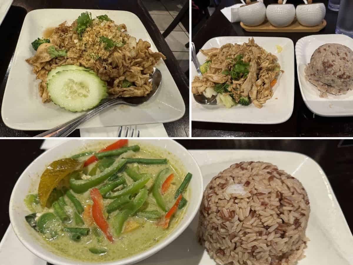 Authentic Thai dishes including green curry, pork belly, and rice at New Thai Elephant, featured among the Best Spots to eat in San Francisco.