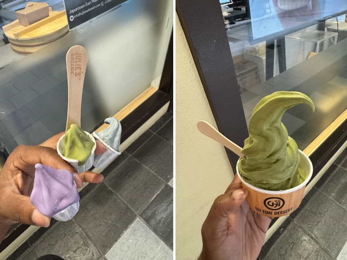 Taiyaki soft serve cone with matcha flavor at Uji Time Dessert in Japantown, recognized as one of the Best Spots to eat in San Francisco.