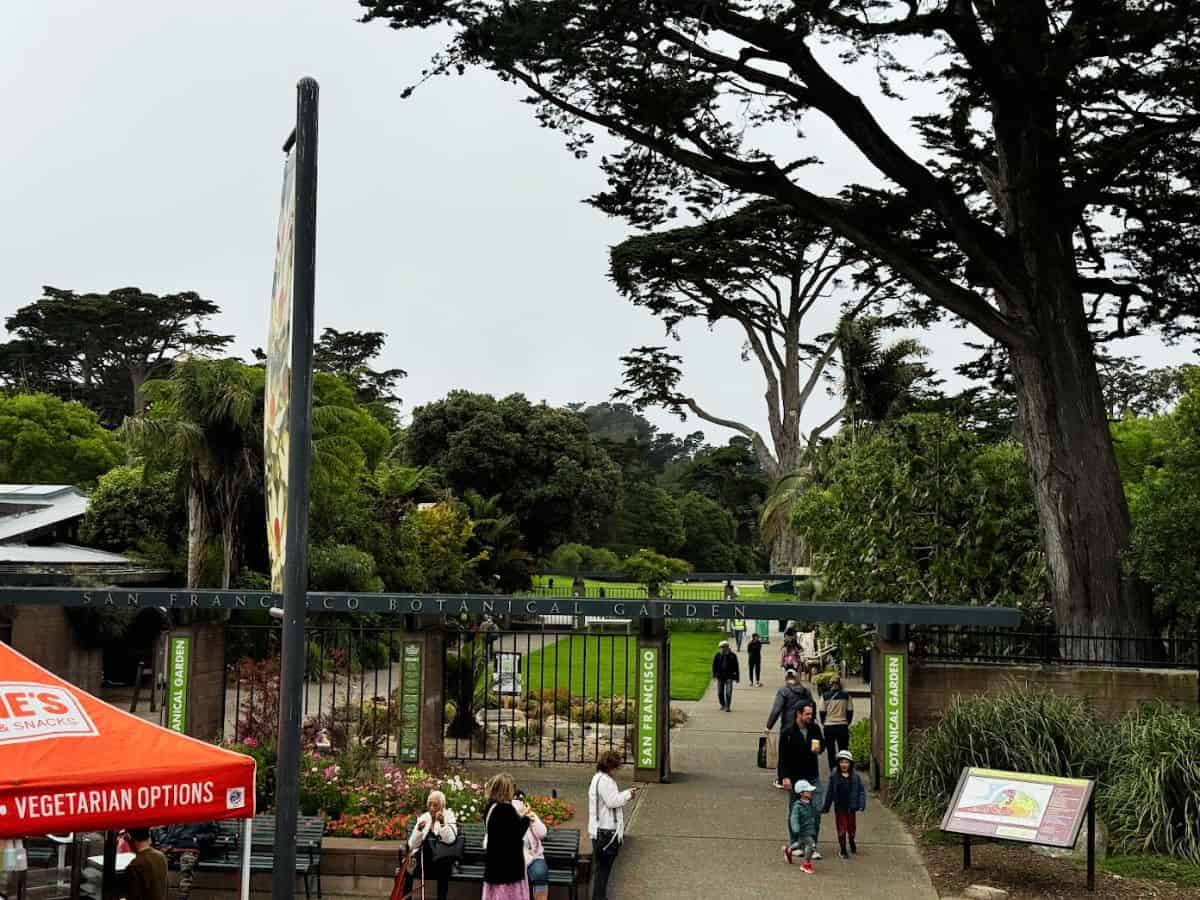 Vibrant entrance to San Francisco Botanical Garden featuring lush greenery and towering trees.